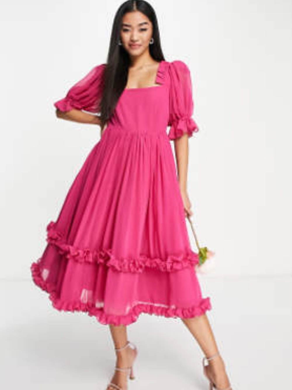 Fuchsia Puff-Sleeve Ruffle Midi Dress